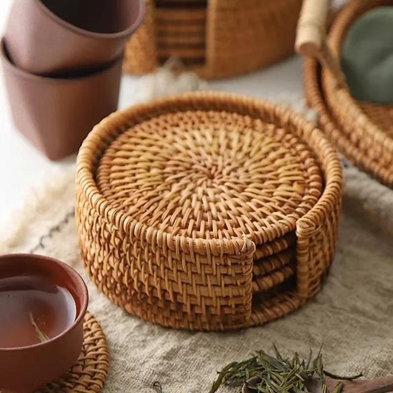 Set of six round rattan coasters – shown in a room setting (2)