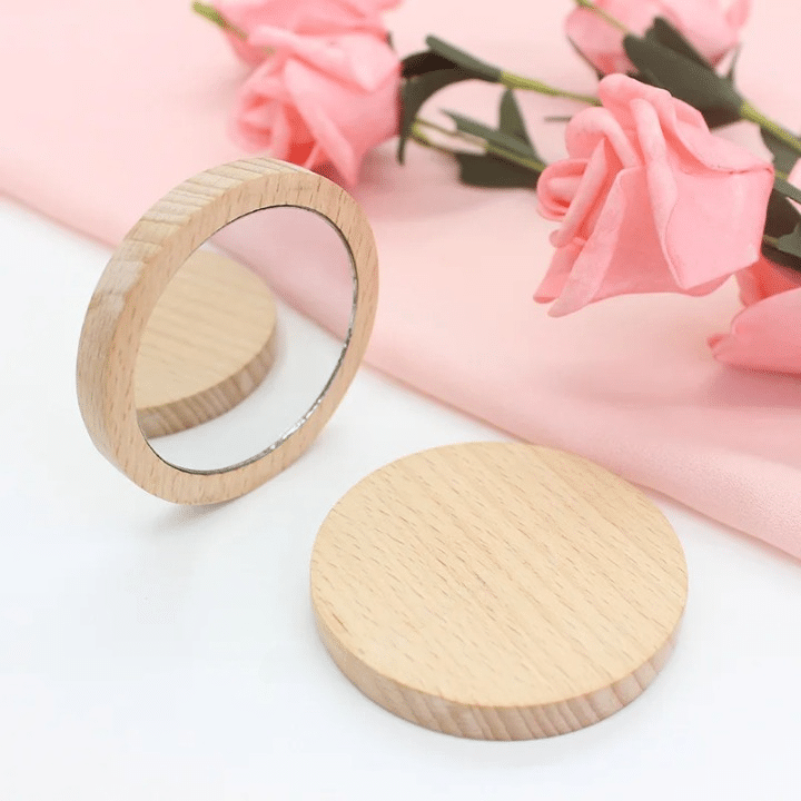 Set of ten round wooden pocket mirrors – multiple views