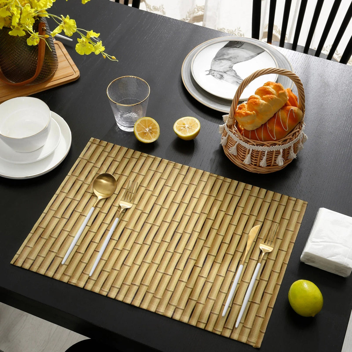 Set of four bamboo-look patterned placemats – shown in a room setting