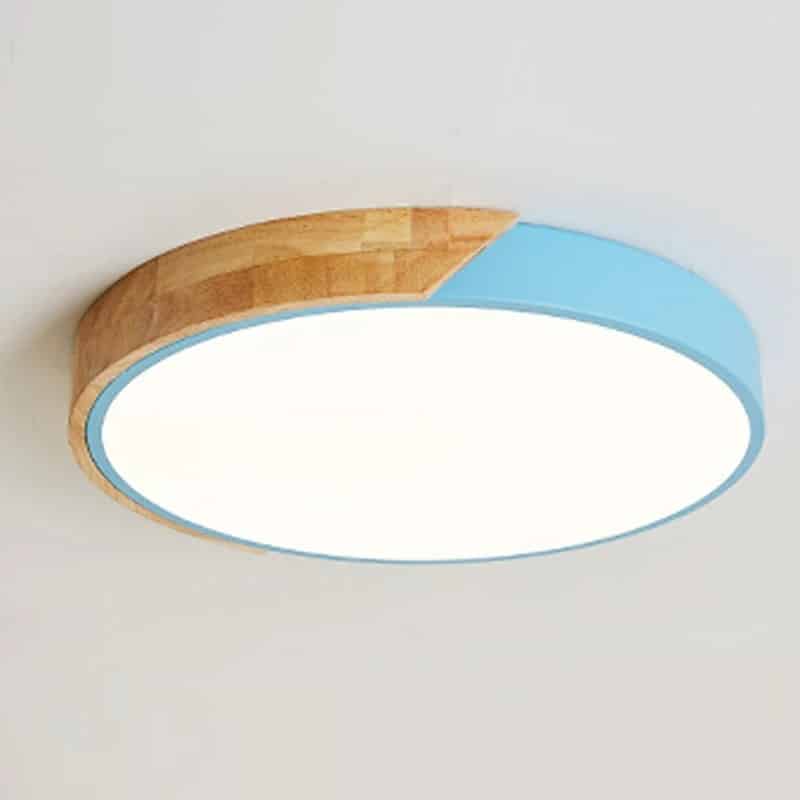 Wood-look pendant light hanging from the ceiling – blue variant, another view