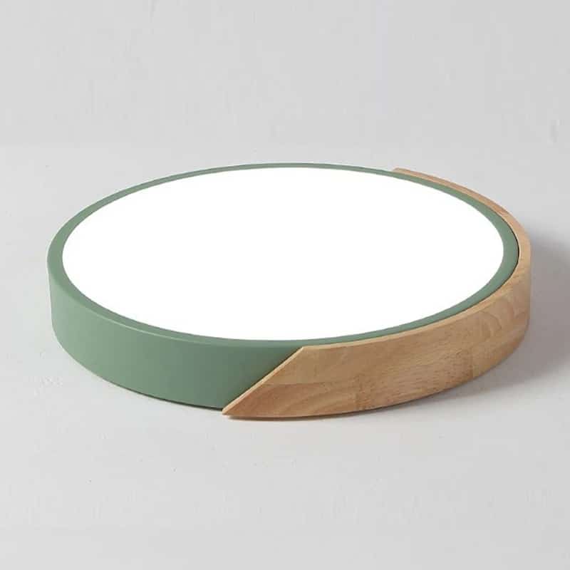 Wood-look pendant light hanging from the ceiling – green variant, another view