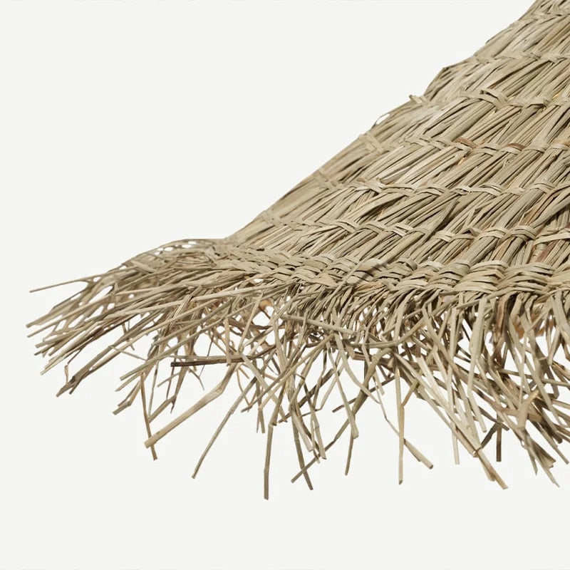 Asian-style handmade straw-look light with a dense weave – close-up detail