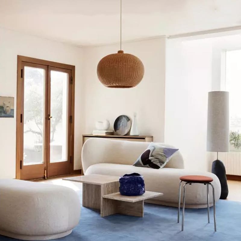 Chinese village-style handmade rattan and wicker ball pendant light – shown in a room setting (2)