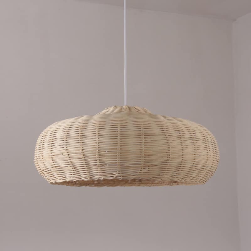Chinese village-style flat disc rattan and wicker pendant light – another view