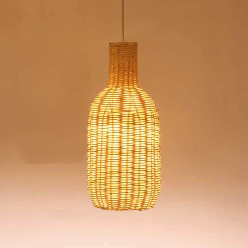 Chinese village-style handwoven oval rattan and wicker pendant light – shown lit (2)