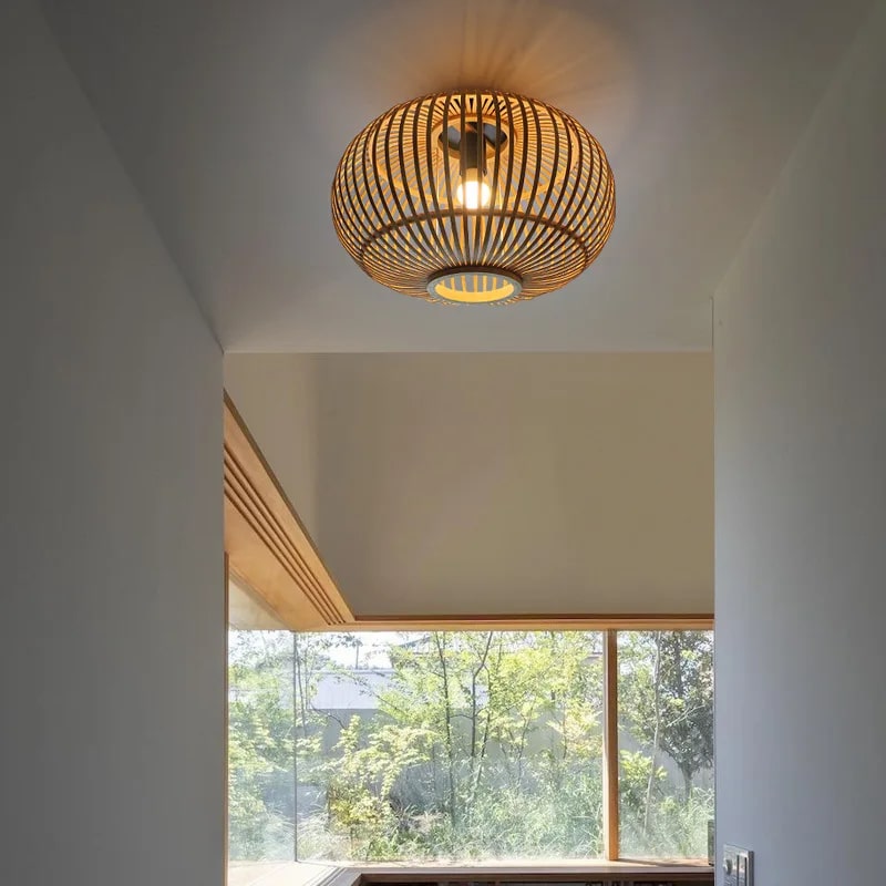 Japanese-style hand-assembled bamboo chandelier – shown in a room setting