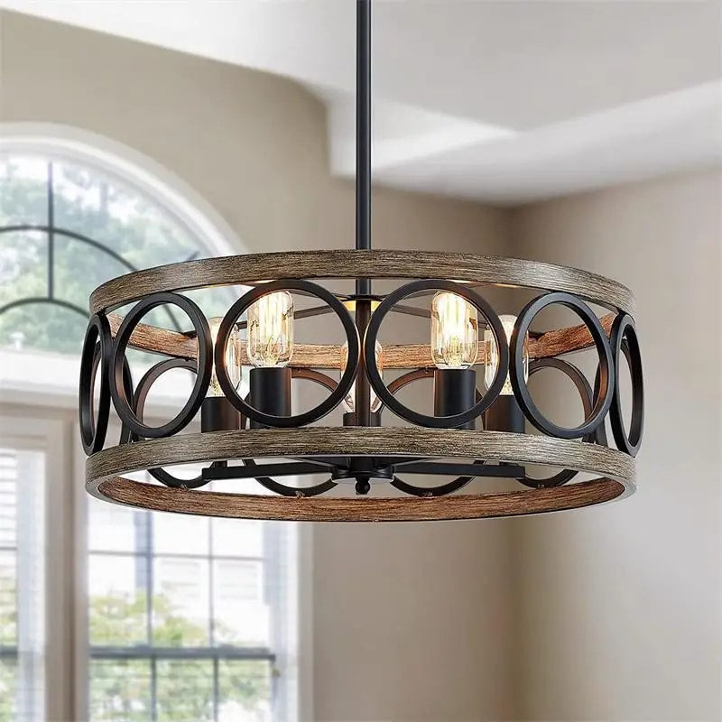 Vintage round raw wood ring chandelier with metal hangers – shown in a room setting (2)