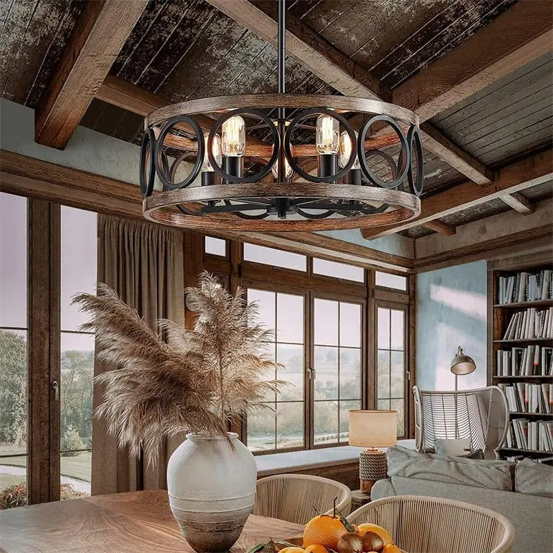 Vintage round raw wood ring chandelier with metal hangers – shown in a room setting (3)