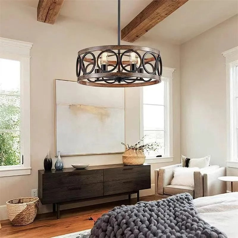Vintage round raw wood ring chandelier with metal hangers – shown in a room setting