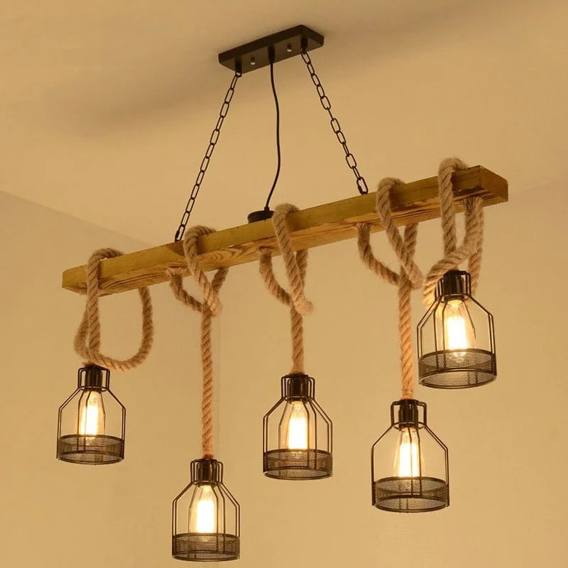 Industrial chandelier in wood, aged metal and hand-knotted rope – shown lit