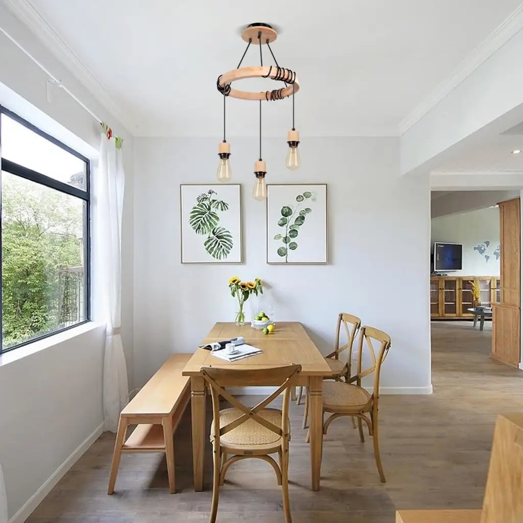 Industrial three-head LED chandelier in wood and metal – shown in a room setting