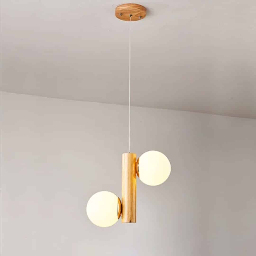 Two-globe frosted glass and wood LED chandelier – another view