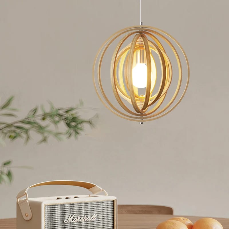 Japanese-style rotating chandelier with concentric natural wood slats – shown lit
