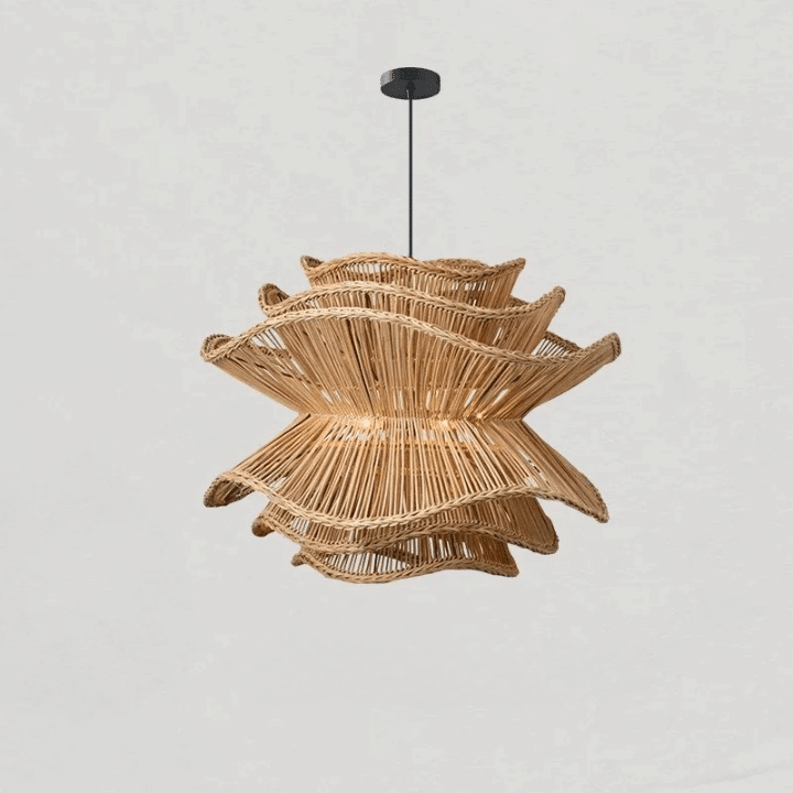 Nordic minimalist straw-look woven chandelier with a round silhouette