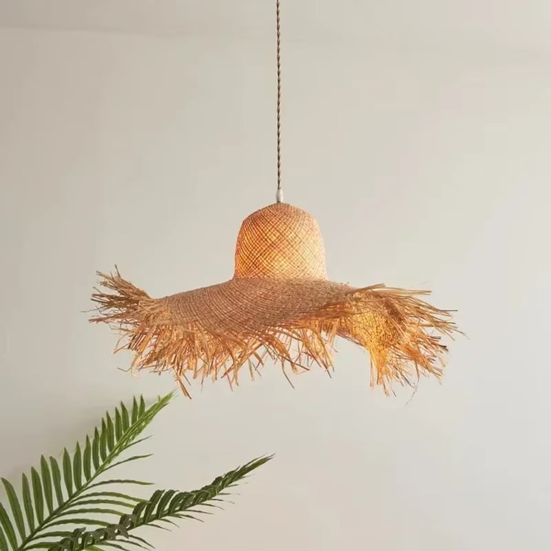Nordic flared bell handwoven straw chandelier in natural beige – another view