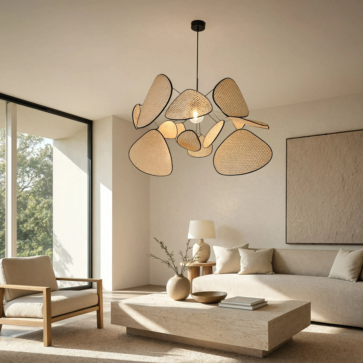 Ravello rattan cane petal chandelier with black steel-edged petals – shown in a living room
