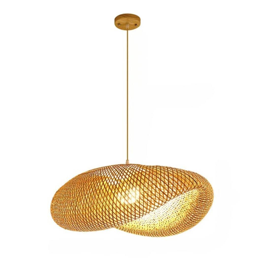 Wavy natural rattan chandelier with a golden tight weave – another view