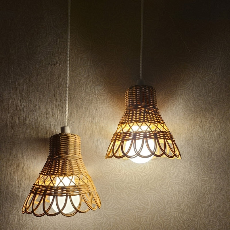 Antique-style Chinese rattan dome chandelier with a patinated finish – shown lit