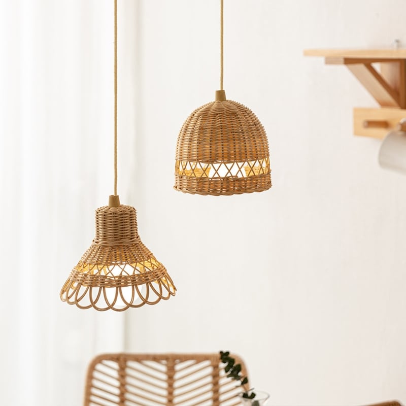 Antique-style Chinese rattan dome chandelier with a patinated finish – shown in a room setting (2)