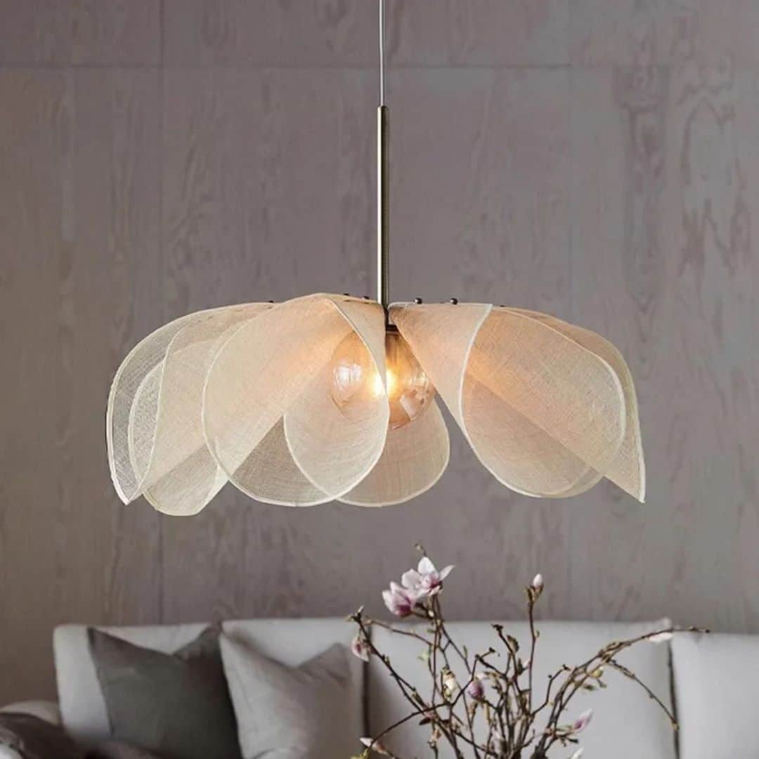Beige fabric flower chandelier with soft petals – shown in a room setting (2)