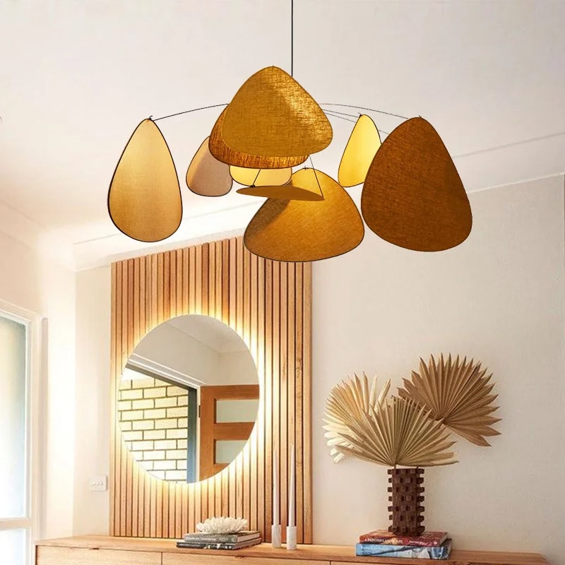 Floating fabric petal chandelier with layered petals – shown in a room setting (2)