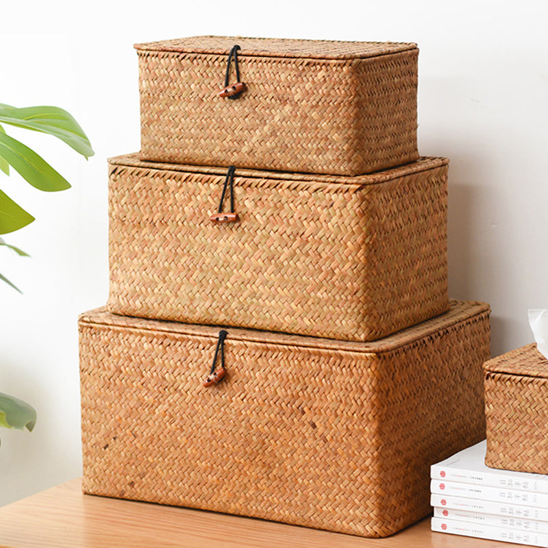 Natural rattan storage trunk with tightly braided sides