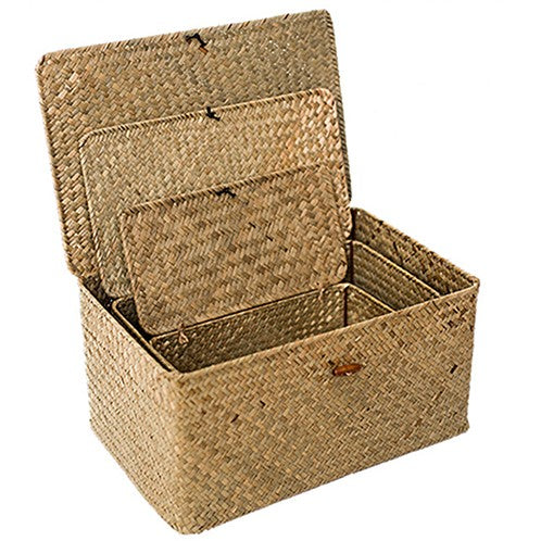 Patinated rattan trunk with visible hardware and a fitted lid – another view