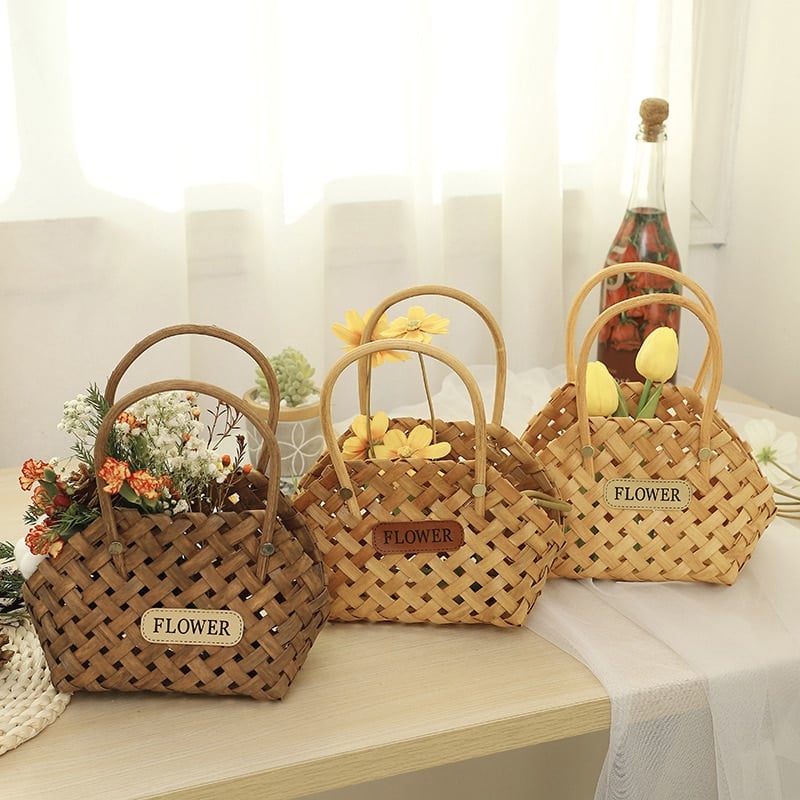 Mini woven flower basket with painted florals and white fabric lining – multiple views