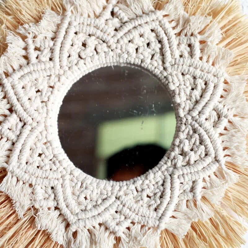 Boho handwoven straw and cotton wall mirror – close-up detail