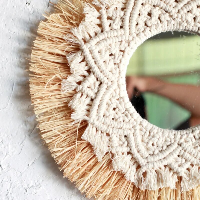 Boho handwoven straw and cotton wall mirror – close-up detail (2)