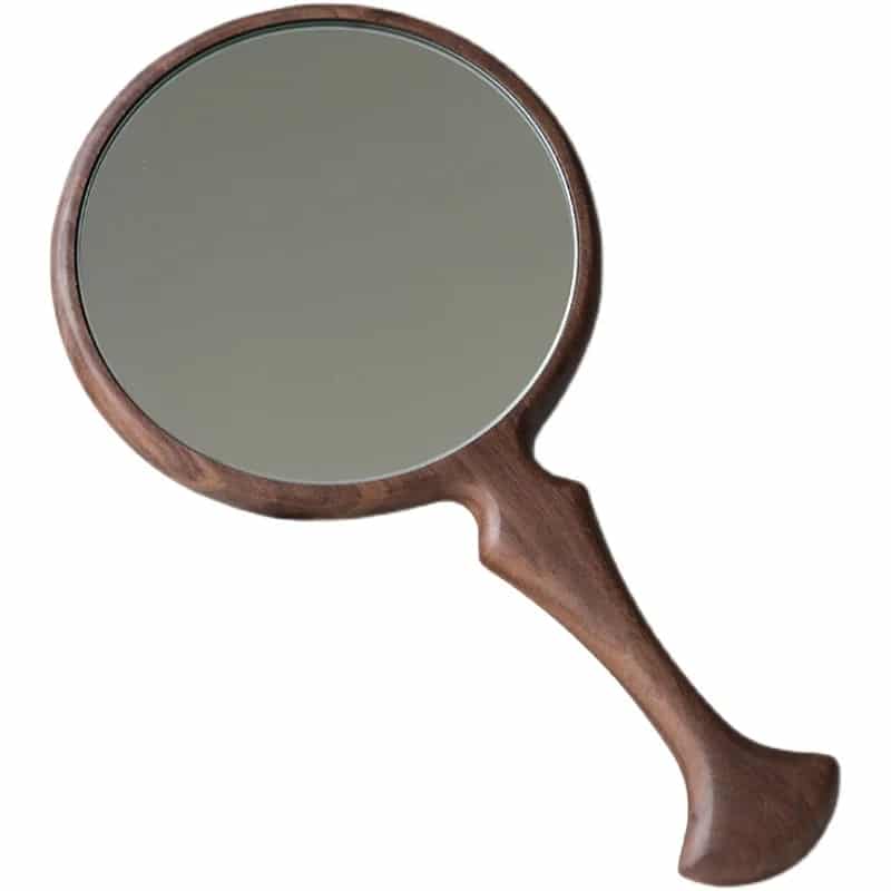 Round retro wooden hand mirror with a braided handle