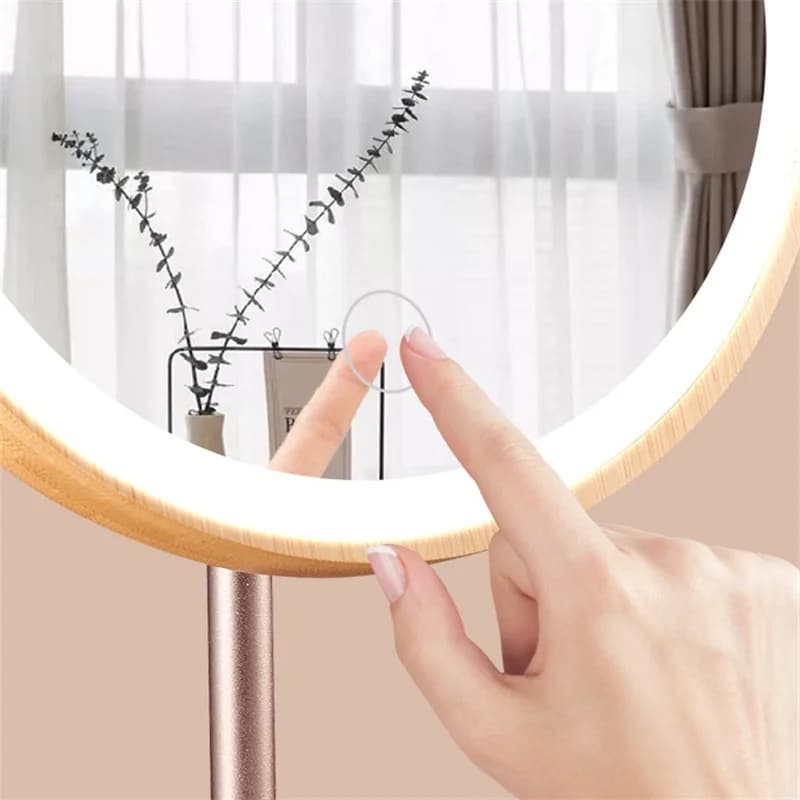 Wooden makeup mirror with soft LED lighting – shown in use