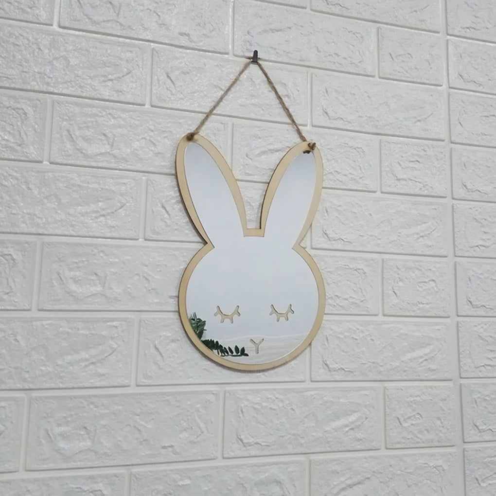 Rabbit-shaped wooden wall mirror with rounded ears