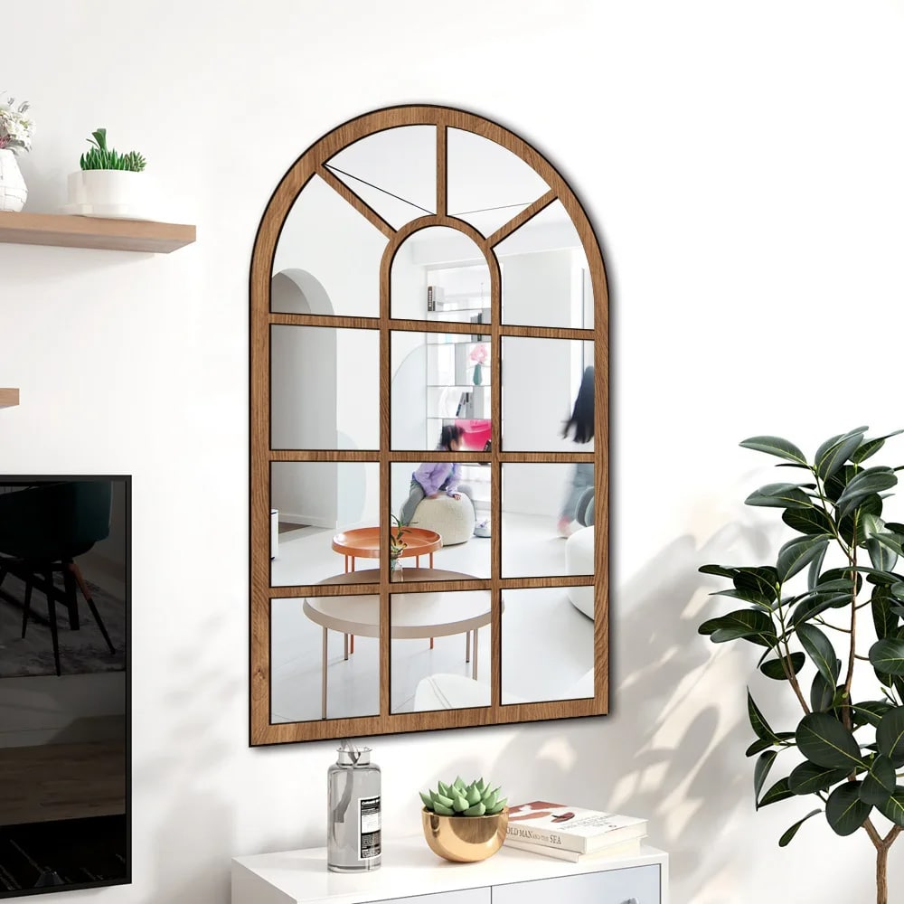 Wooden window pane wall mirror with crossbars – shown in a room setting (2)