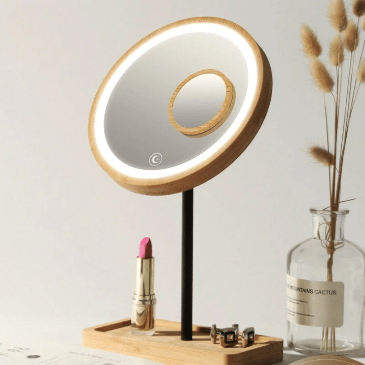 Swivel wooden vanity mirror with LED touch lighting – shown lit