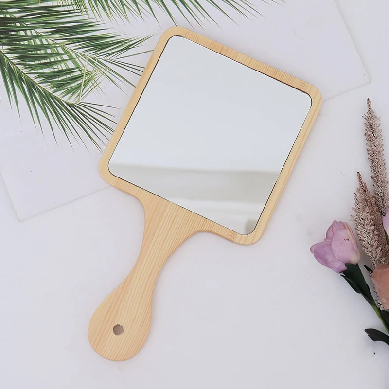 Square hand mirror with a turned wooden handle – another view