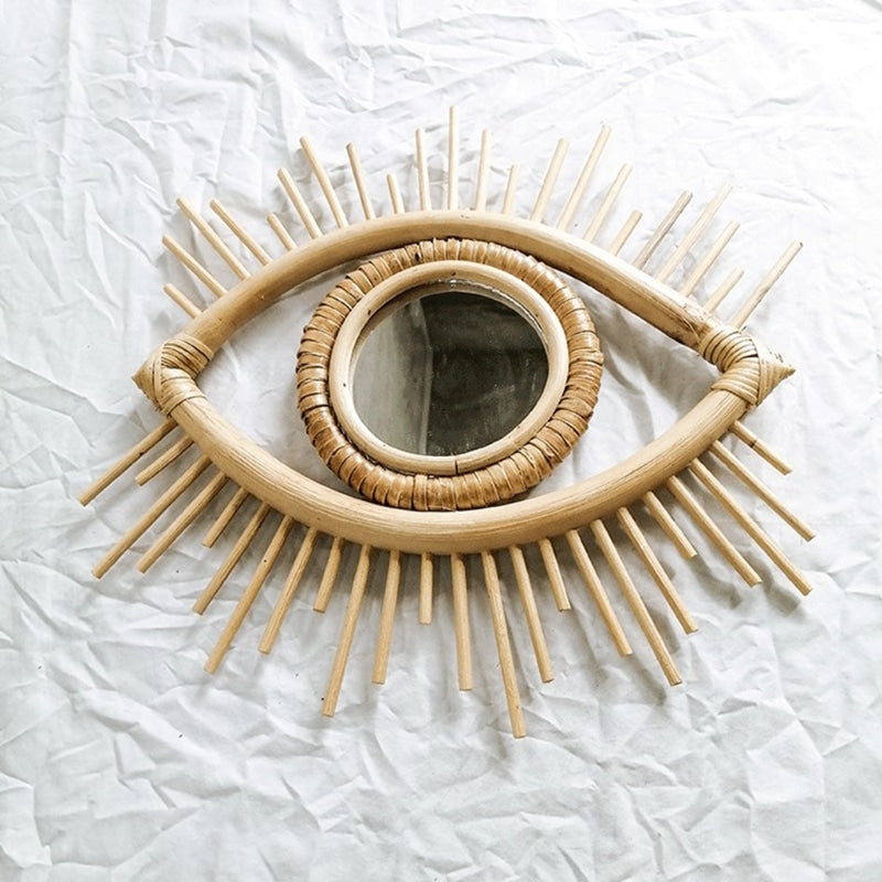 Adjustable handwoven rattan makeup mirror – another view