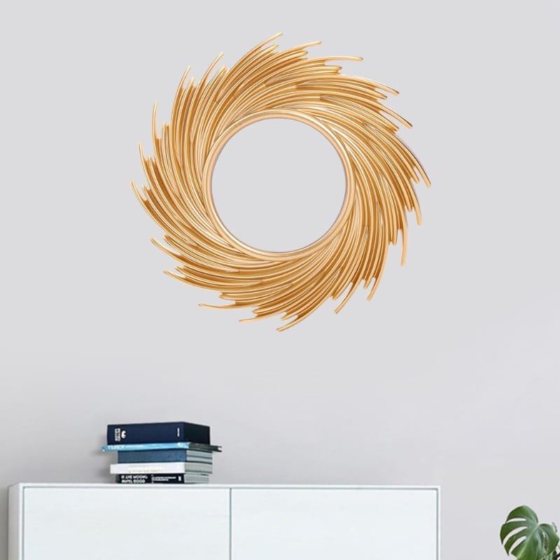 Round rattan vanity mirror with a discreet stand – shown in a room setting (2)
