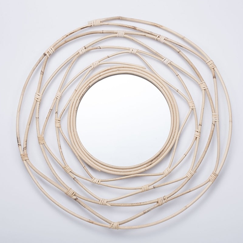 White handwoven rattan decorative mirror – close-up detail