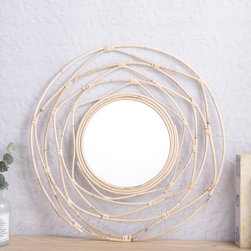 White handwoven rattan decorative mirror