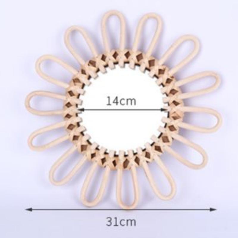 Light rattan flower mirror with large hand-braided petals – dimensions diagram