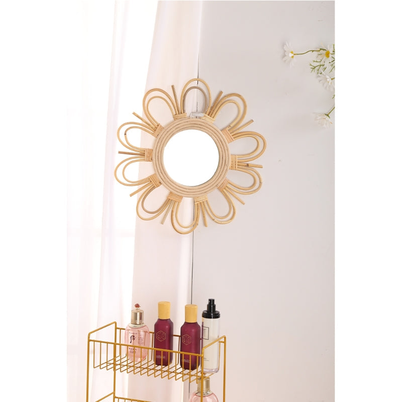Double flower rattan mirror with layered petals – shown in a room setting (3)