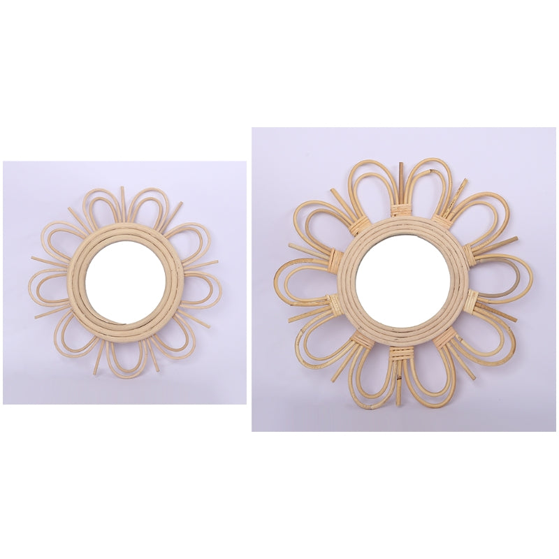 Double flower rattan mirror with layered petals – multiple views