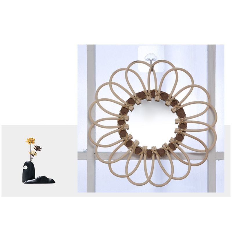 Round rattan flower mirror with dark beige braided petals – multiple views