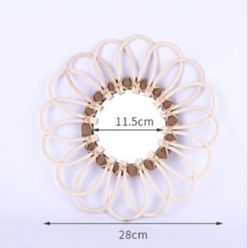 Round rattan flower mirror with dark beige braided petals – dimensions diagram