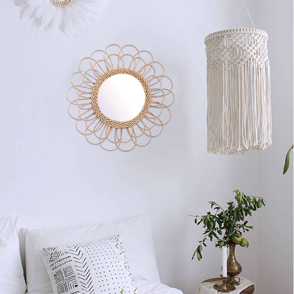 Large flower-shaped mirror with radiating natural rattan petals – shown in a room setting (4)