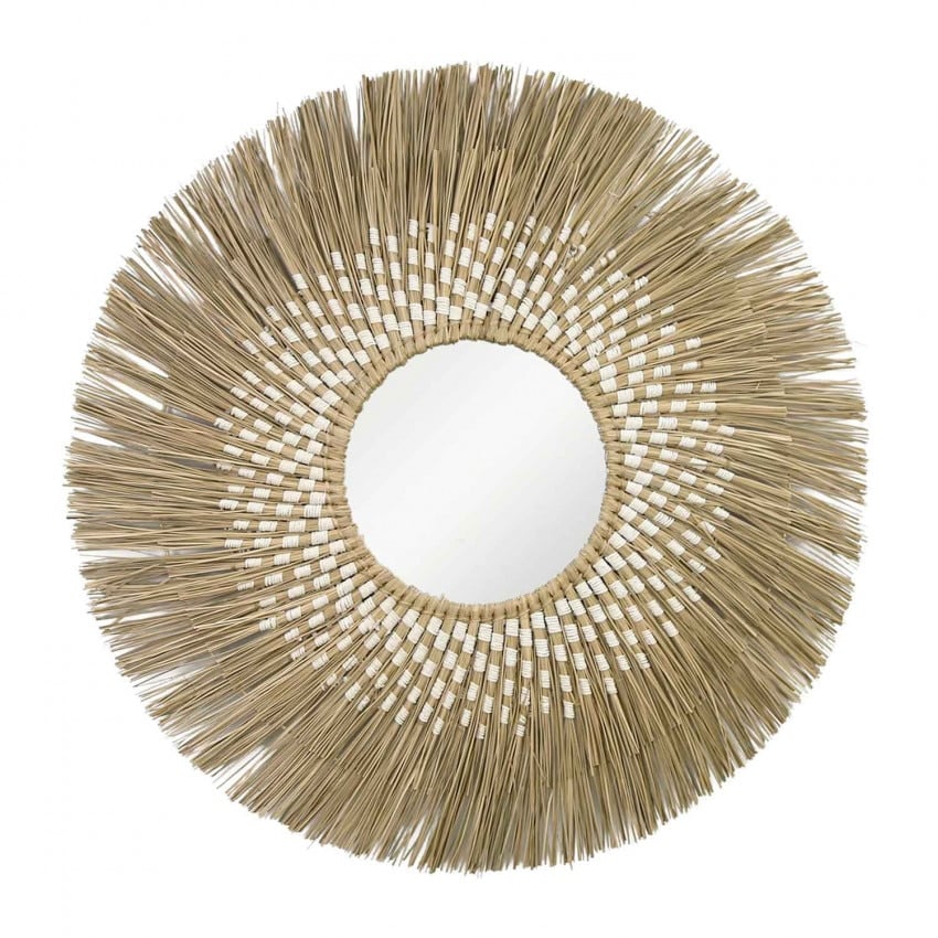 Boho round rattan wall mirror with an interlaced frame