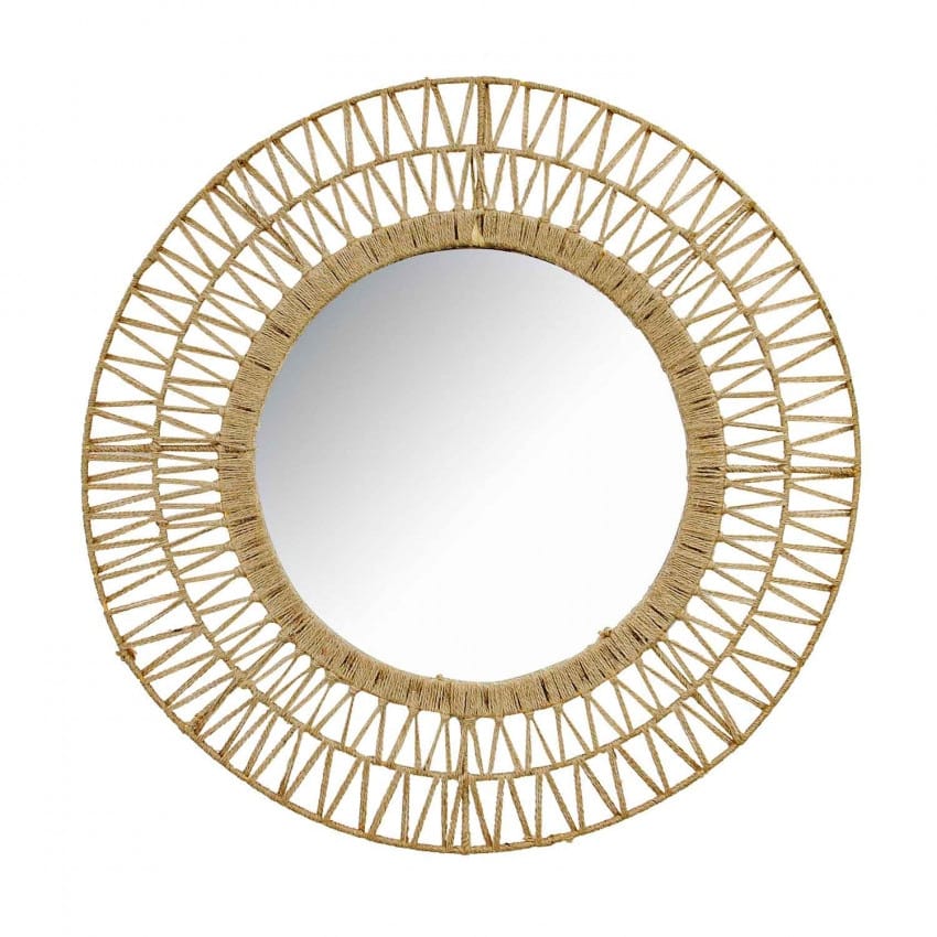 Natural rattan wall mirror with a tightly braided untreated frame