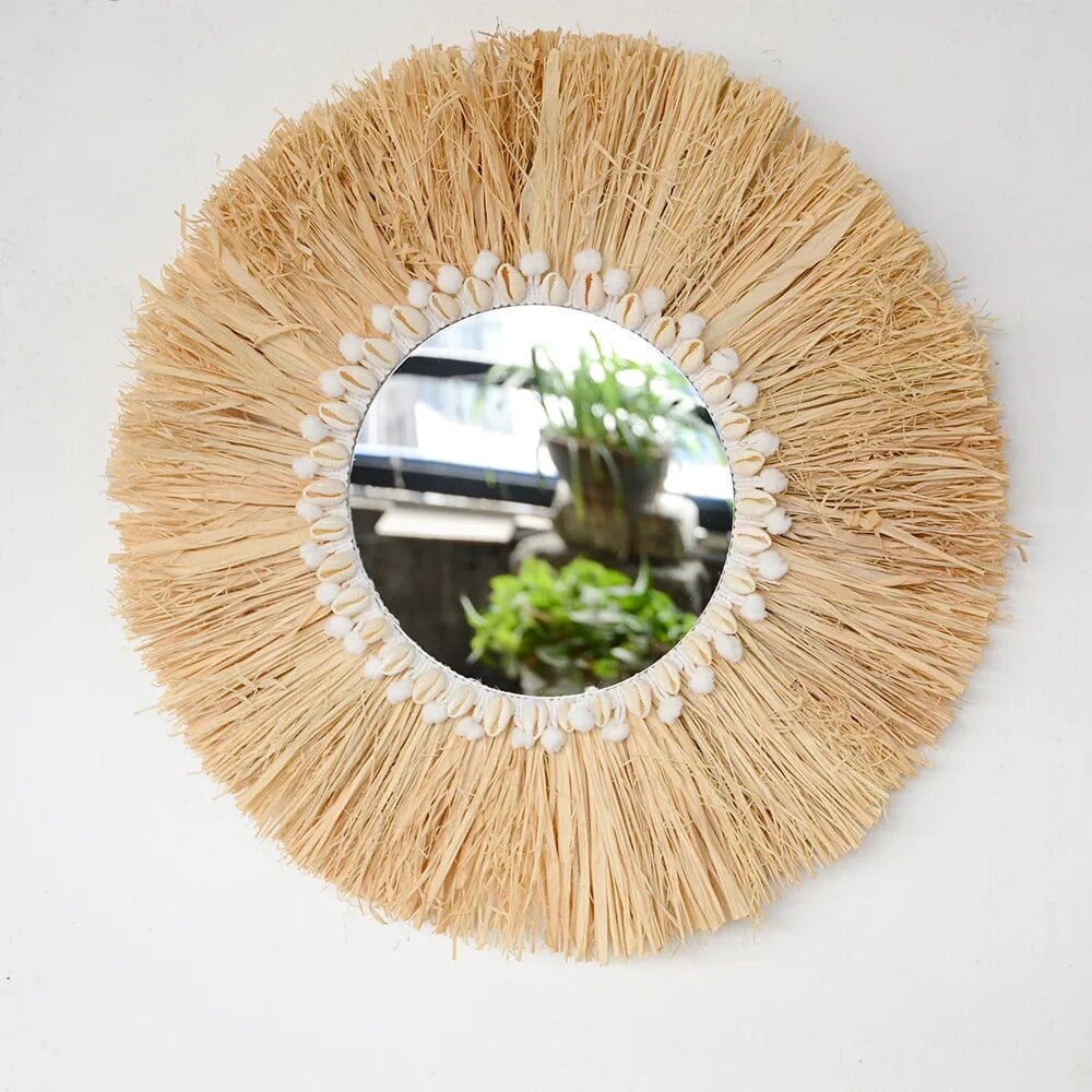 Hand-turned round wooden wall mirror with a clean frame – another view