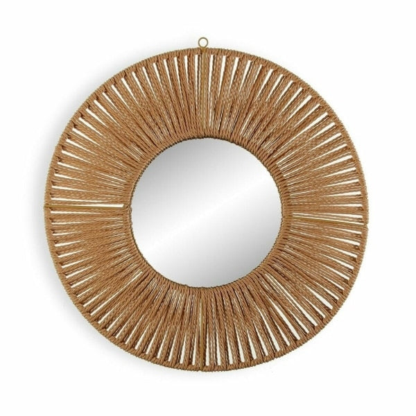 Boho round rattan sun mirror with a golden halo of braided stems